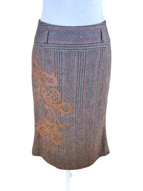 Michael Simon Skirt Wool Striped Pencil Leather Brown Multi (6)